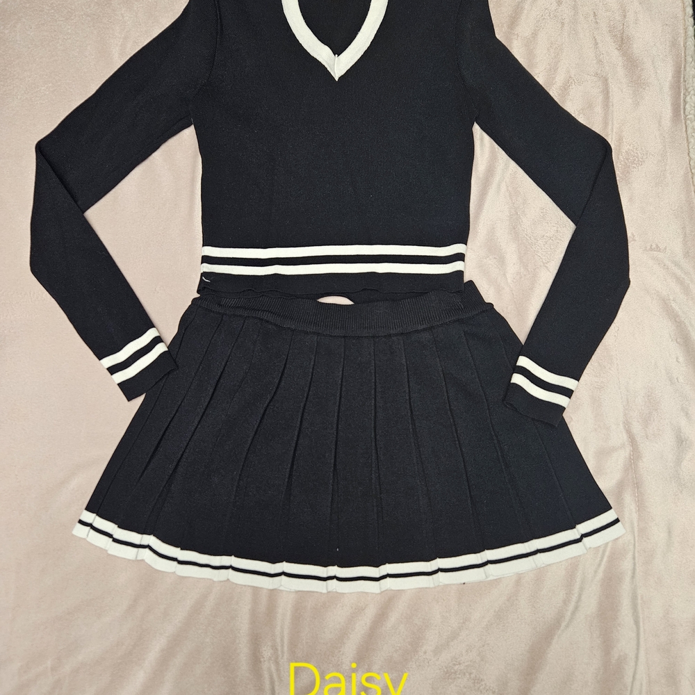 Black Two-Piece Knit Set with White Stripes